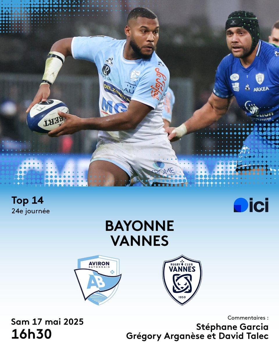 🏉 𝗝𝗢𝗨𝗥 𝗗𝗘 𝗠𝗔𝗧𝗖𝗛 𝘀𝘂𝗿 𝗜𝗖𝗜 𝗣𝗮𝘆𝘀 𝗕𝗮𝘀𝗾𝘂𝗲 💥

𝗔𝘃𝗶𝗿𝗼𝗻 𝗕𝗮𝘆𝗼𝗻𝗻𝗮𝗶𝘀 🆚 Vannes 
🏆 Top 14
🗓️ 24ᵉ journée
🕟 16h30
📍 stade Jean-Dauger

🎙️ <a href="/StephaneGrcia/">Stéphaηe Garcia 🎙️</a> Grégory Arganèse <a href="/MrLec/">Mr D. Lec</a> 

#ABRCV | #Top14 | #teamAB | #iciSPort