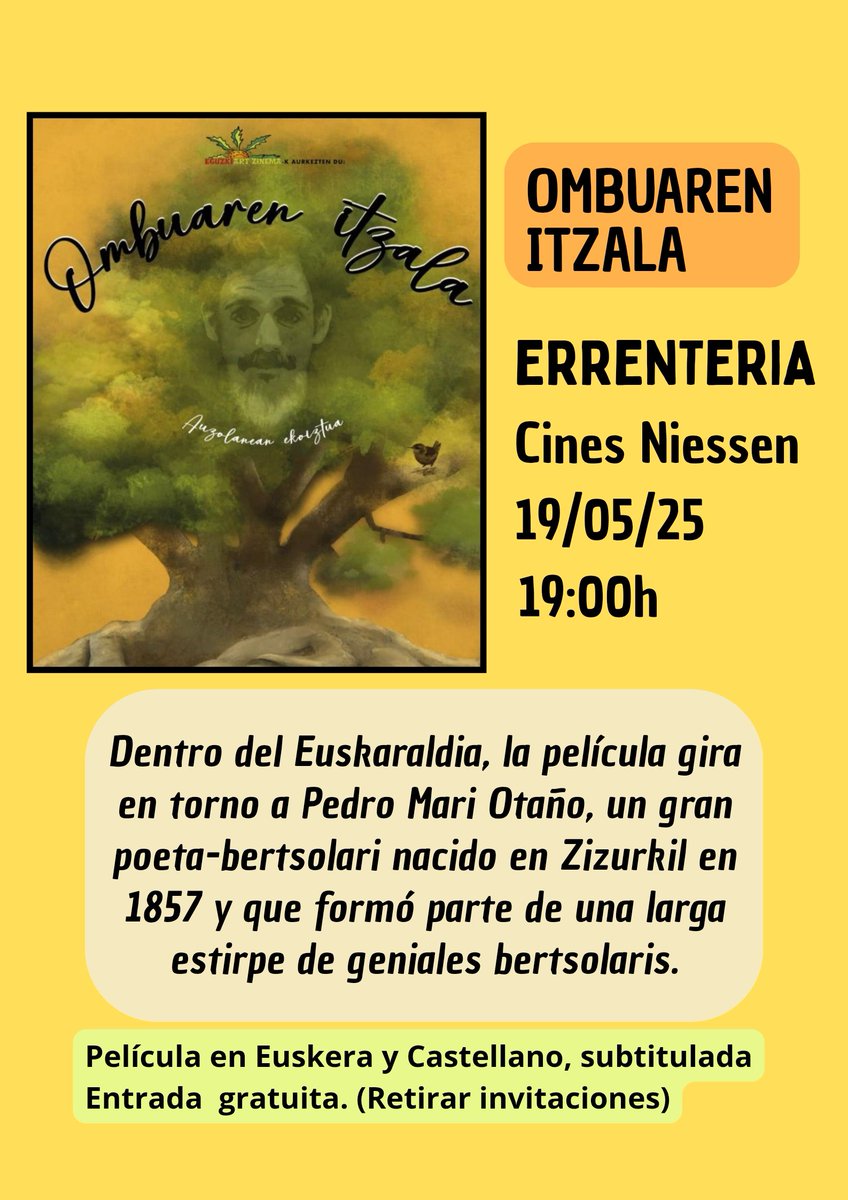 📽 OMBUAREN ITZALA filma ikusgai izango da astelehenean 19an Errenterian.
#ombuarenitzala #patxibisquert #bertsolaritza