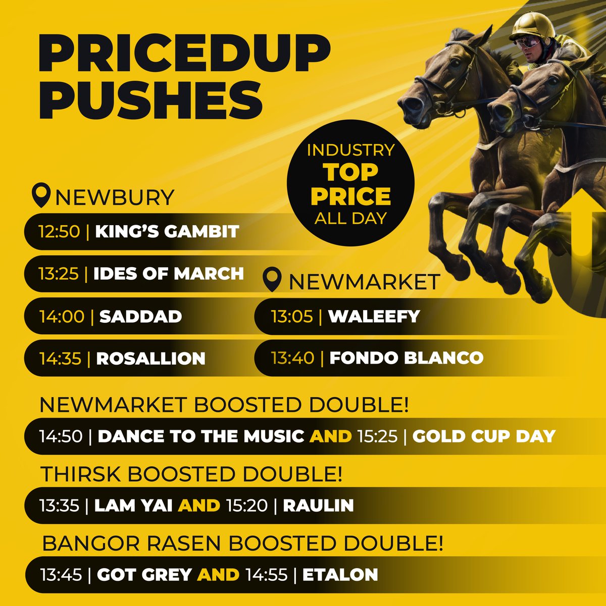 TOP INDUSTRY PRICE BOOSTS FROM NEWBURY &amp; NEWMARKET! 🤩🏇

PLUS BOOSTED DOUBLES AT NEWMARKET, THIRSK &amp; BANGOR TODAY!

pricedup.bet 18+ GambleAware