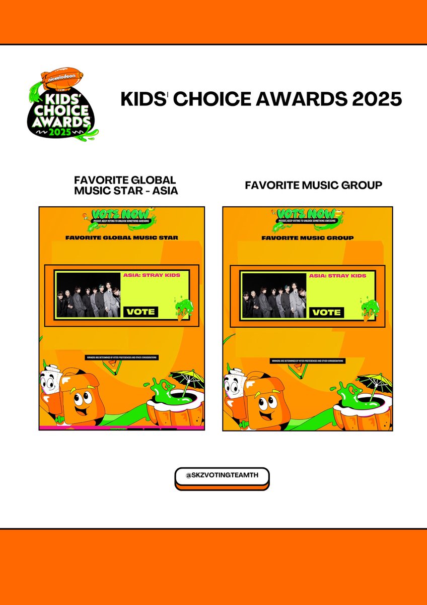 [2025 Nickelodeon Kids' Choice Awards]

❤️‍🔥 โหวตให้ <a href="/Stray_Kids/">Stray Kids</a> 2 สาขา

🏆 Favorite Music Group
🏆 Favorite Global Music Star (Asia)

🔗 kidschoiceawards.com/global/vote/fa…

#StrayKids