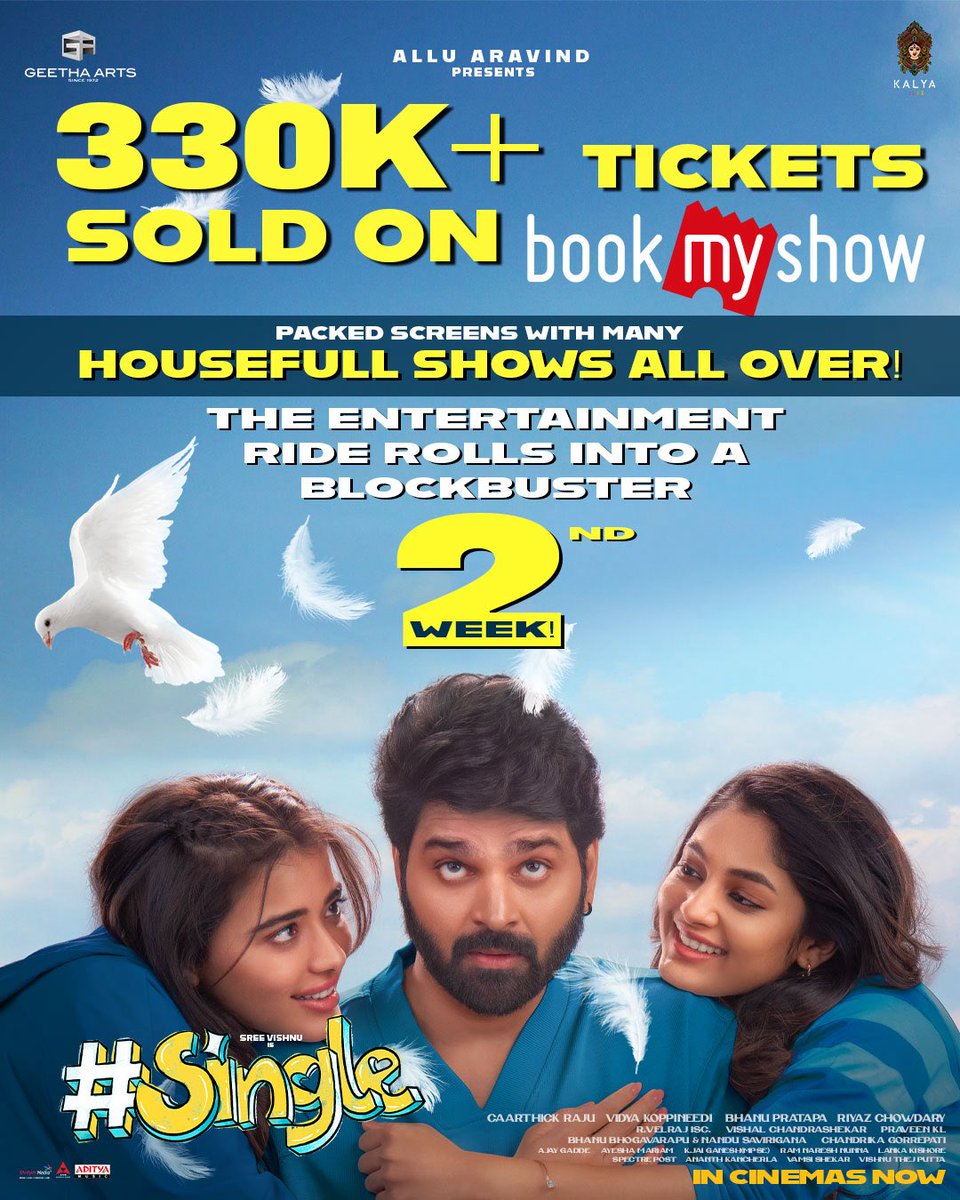 Geetha Arts (@geethaarts) on Twitter photo With packed screens, housefulls & 330K+ tickets sold on <a href="/bookmyshow/">BookMyShow</a>, #Single isn't slowing down! 💥🔥
The ultimate fun ride #SingleMovie continues its winning streak into a BLOCKBUSTER 2nd week as well! 💥
🎟️ linktr.ee/SingleMovieTic…
<a href="/sreevishnuoffl/">#SINGLE Sree Vishnu</a> <a href="/TheKetikaSharma/">Ketika Sharma</a> <a href="/i__ivana_/">Ivana</a> With packed screens, housefulls & 330K+ tickets sold on <a href="/bookmyshow/">BookMyShow</a>, #Single isn't slowing down! 💥🔥
The ultimate fun ride #SingleMovie continues its winning streak into a BLOCKBUSTER 2nd week as well! 💥
🎟️ linktr.ee/SingleMovieTic…
<a href="/sreevishnuoffl/">#SINGLE Sree Vishnu</a> <a href="/TheKetikaSharma/">Ketika Sharma</a> <a href="/i__ivana_/">Ivana</a>