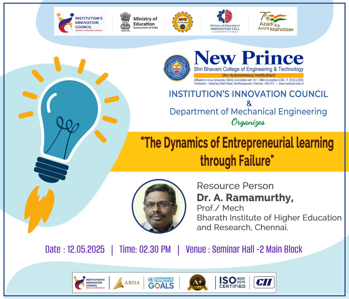 newprinceengg's tweet image. #NewPrinceCollege 
#EntrepreneurialLearning 
#LearningThroughFailure 
#IICIndia 
#StartupJourney 
#InnovationMindset 
#MechanicalEngineering 
#NewPrinceEngineering 
#FailureToSuccess 
#ResilientEntrepreneurs
#EngineeringInnovation
#SeminarAlert 
#AzadiKaAmritMahotsav