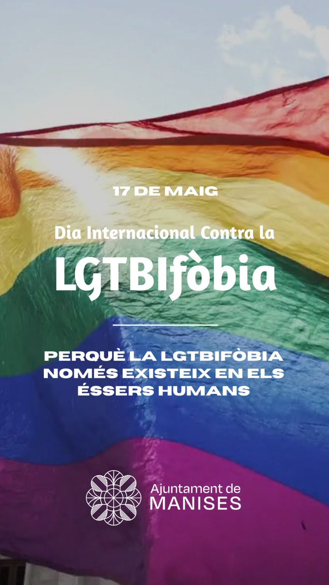 🏳️‍🌈 Hui, 17 de maig, es commemora el Dia Internacional Contra la LGTBIfòbia
💪 Des de l'Ajuntament de #Manises lluitem contra els delictes d'odi perquè cap persona més haja d'estar assenyalada i discriminada per la seua forma de ser, d'estimar, d'existir! 🌈
#17demayo #LGTBIfobia