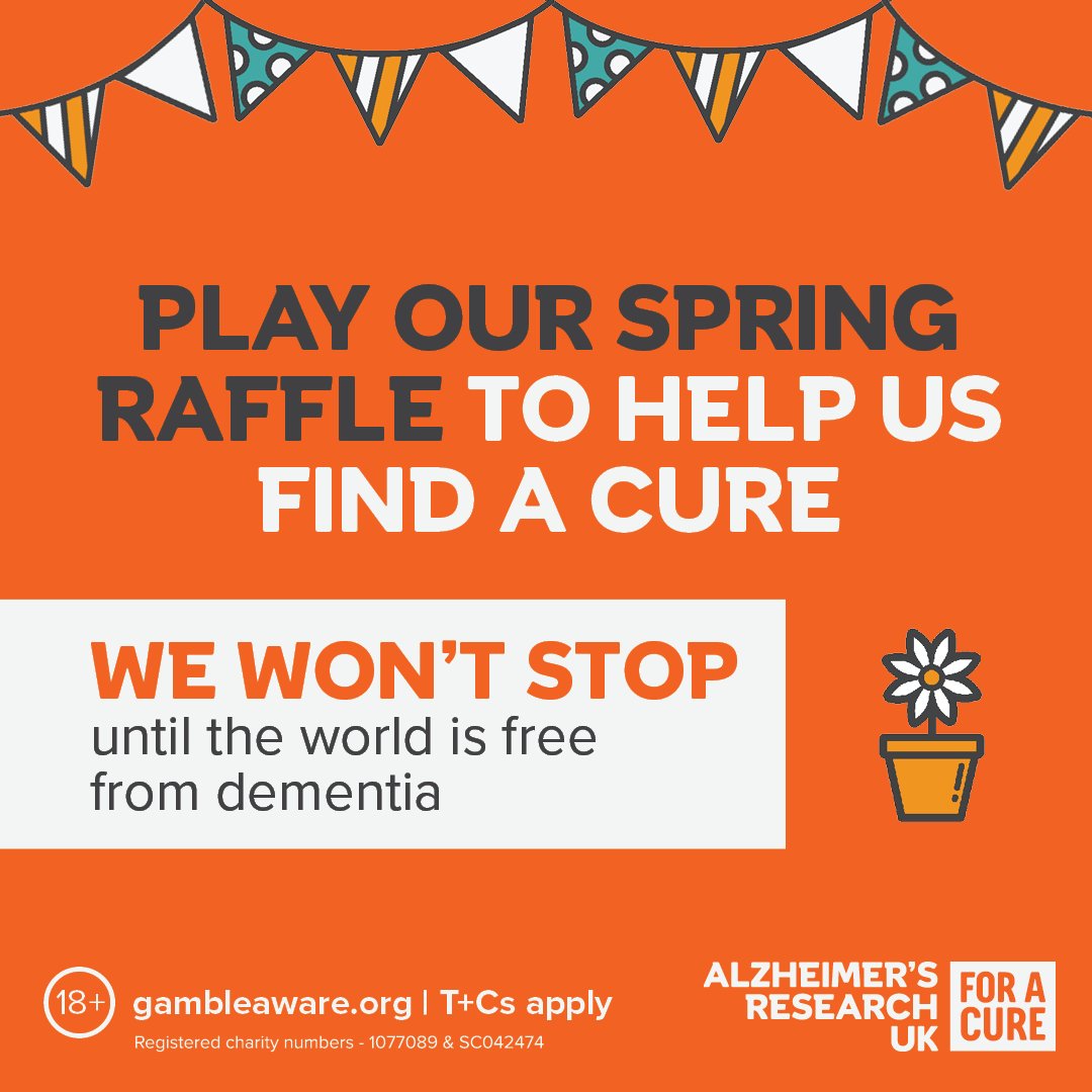 Alzheimer's Research UK (@alzresearchuk) on Twitter photo 🌸 Spring into action #ForACure!
Join our Spring raffle to help fund dementia research. 🧡
🏆 1st: £5,000 | 🥈 £700 | 🥉 £250
🎟️ Plus 20 x £20 voucher prizes!
Enter by 15 July | Draw 16 July. Your ticket will help us in finding a cure.
Good luck! 🤩👇
aruk.raffleentry.org.uk/?utm_campaign=… 🌸 Spring into action #ForACure!
Join our Spring raffle to help fund dementia research. 🧡
🏆 1st: £5,000 | 🥈 £700 | 🥉 £250
🎟️ Plus 20 x £20 voucher prizes!
Enter by 15 July | Draw 16 July. Your ticket will help us in finding a cure.
Good luck! 🤩👇
aruk.raffleentry.org.uk/?utm_campaign=…