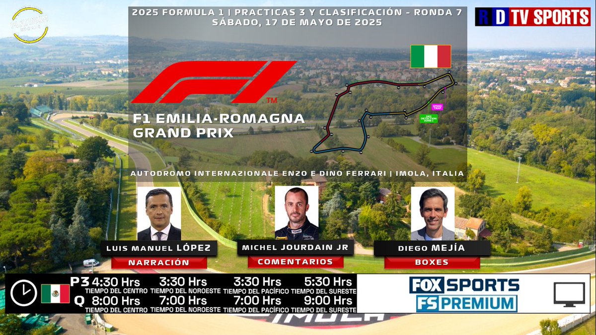 ramonovic09's tweet photo. ๐๐ฎ๐น #EmiliaRomagnaGP 2025 | #Practicas 3 y #Clasificaciรณn
๐
Hoy
๐๏ธ #Practice3
๐ฒ๐ฝโฐ 4:30 Hrs TC, 3:30 Hrs TP
๐๏ธ #Qualy
๐ฒ๐ฝโฐ 8:00 Hrs TC, 7:00 Hrs TP
๐บ@FOXSportsMX, #FSPremiumMX
๐ค @chacho_lml
๐ค๐ @MichelJourdain
๐ค๐@diegofmejia
๐คณ #F1xFSMX #ImolaGP https://t.co/ItKCDGaWOY