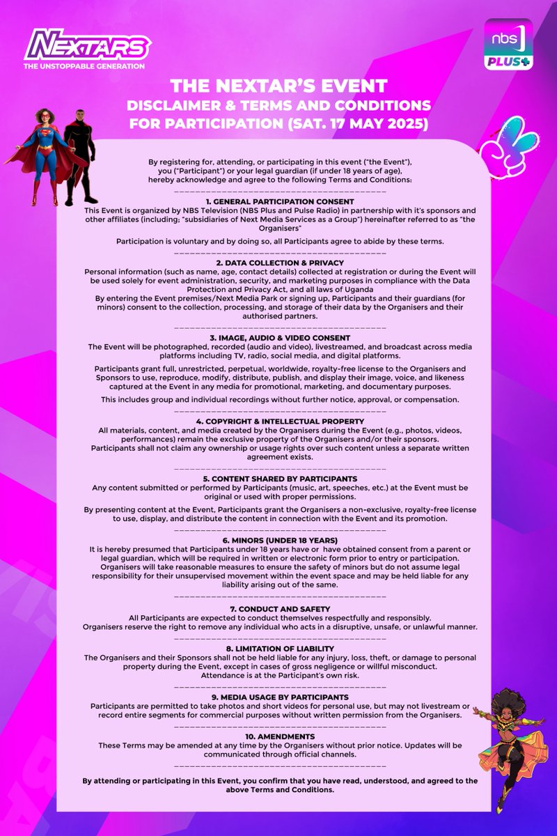 📌 DISCLAIMER: By attending or participating in #VybeNationUG and #TheNextars at Next Media Park, you agree to the event's Terms &amp; Conditions.

🔗 Read them here: nextmedia.co.ug/nextars-tcs/

Let’s keep the energy high, stay respectful, and make this an unforgettable experience!