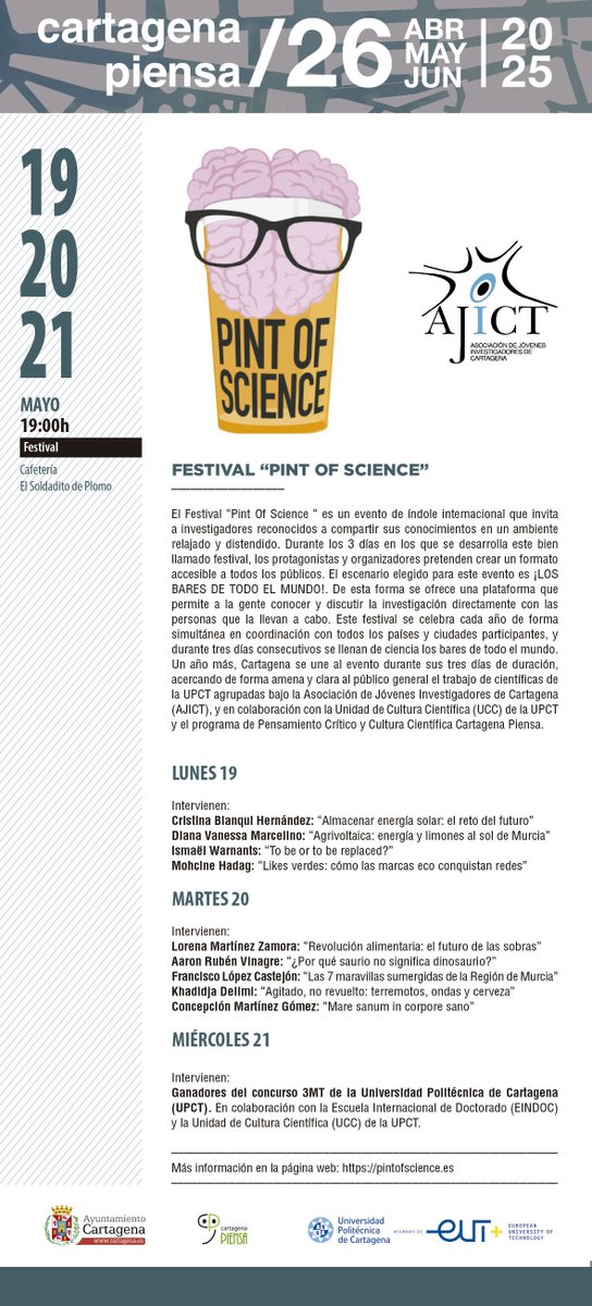FESTIVAL PINT OF SCIENCE es un evento de índole internacional que invita a investigadores reconocidos a compartir sus conocimientos en un ambiente relajado y distendido. #CartagenaPiensa con <a href="/UCCi_UPCT/">UCC+i UPCT</a> y <a href="/_ajict/">AJICT</a> 
19, 20 y 21 de MAYO
El Soldadito de Plomo #Cartagena 19:00h.