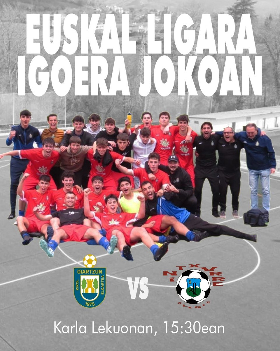 🔵OHOREZKO JUBENILAK🔵

Gaur partida garrantzitsua da jubenilen lehen taldearentzat, euskal ligara igoera jokatuko dute gaur etxean. Aupa mutilak! Zuena da!!

🗓️ Larunbatean 
🕛15:30ean
📍Karla Lekuonan

AUPA OIARTZUN!!🔥🔥