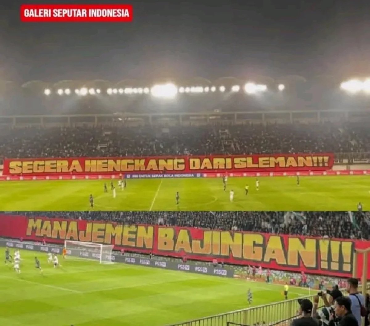 Banner yang dibentangkan oleh pendukung PSS Sleman di laga malam ini.