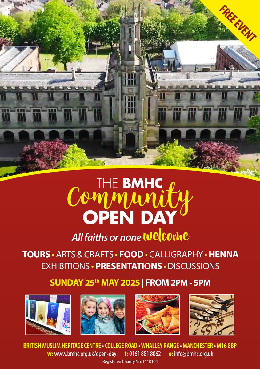 🎉 NEXT SUNDAY: BMHC Community #OpenDay 🎉

📍 British Muslim Heritage Centre
📅 Sunday 25th May 2025
🕑 2PM – 5PM

An ideal opportunity to bring along non-Muslim friends, family members, colleagues or neighbours to find out more about Islam.

Visitors can enjoy Arts &amp; Crafts,