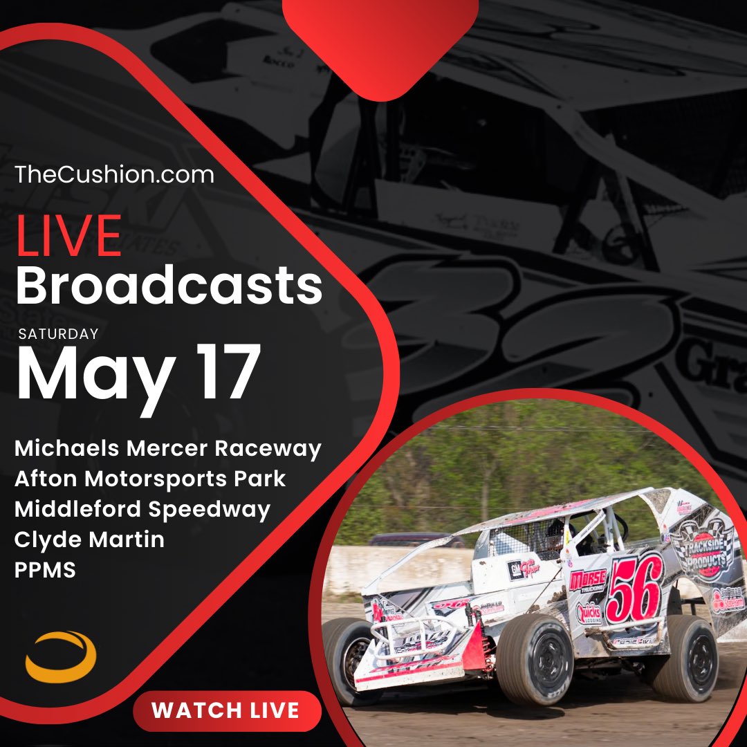 The Cushion (@watchthecushion) on Twitter photo 5 Live Broadcasts TODAY!
Race fans! Your Saturday just got better - we've got 5 incredible live race broadcasts lined up for May 17th!
3 tracks with Modifieds
1 with Late Models & 1 with Micro Sprints. 
Green flag at 5:30pm EDT. Catch every lap LIVE on TheCushion.com! 5 Live Broadcasts TODAY!
Race fans! Your Saturday just got better - we've got 5 incredible live race broadcasts lined up for May 17th!
3 tracks with Modifieds
1 with Late Models & 1 with Micro Sprints. 
Green flag at 5:30pm EDT. Catch every lap LIVE on TheCushion.com!