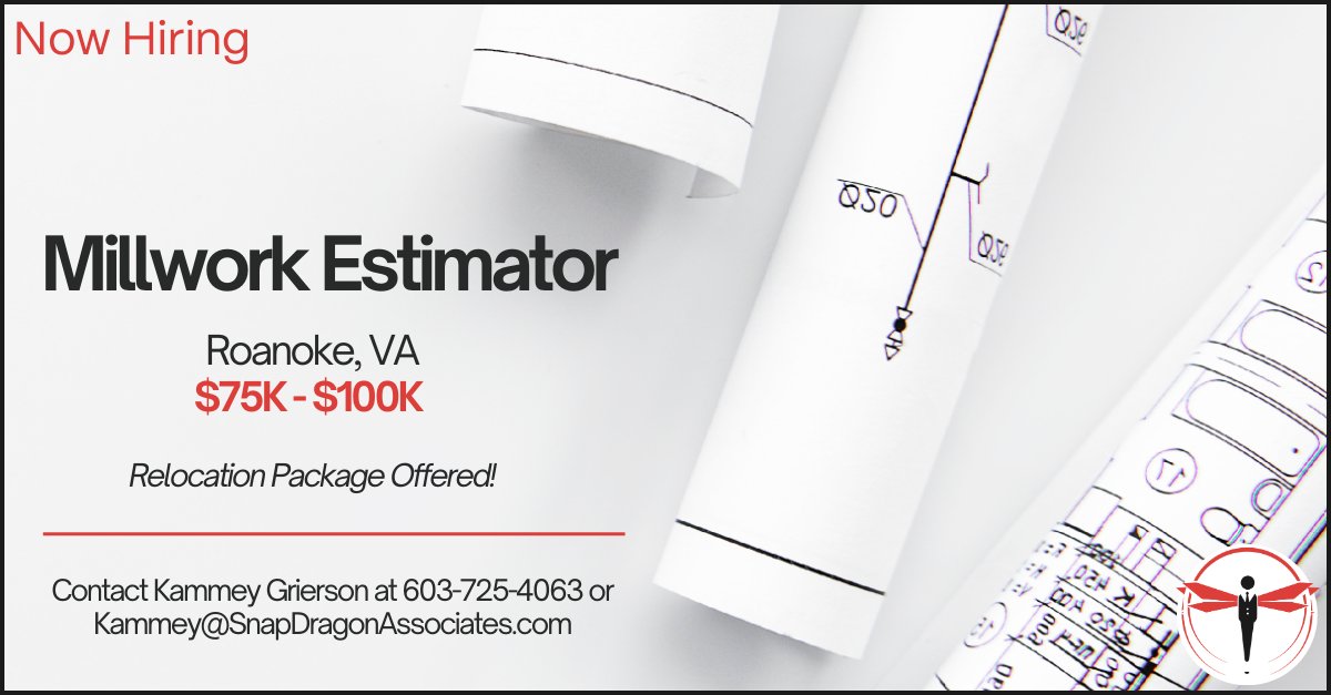 SnapDragonNH's tweet image. NOW HIRING: Architectural Millwork Estimator – Roanoke, VA 🏗️
💰 $75K–$100K + bonus
📍 In-office | Relocation available
📐 3+ yrs exp. required

Apply: ow.ly/TQlP50VmHub
Contact Kammey Grierson to learn more!

#EstimatorJobs #Millwork #RoanokeVA #SnapDragonJobs