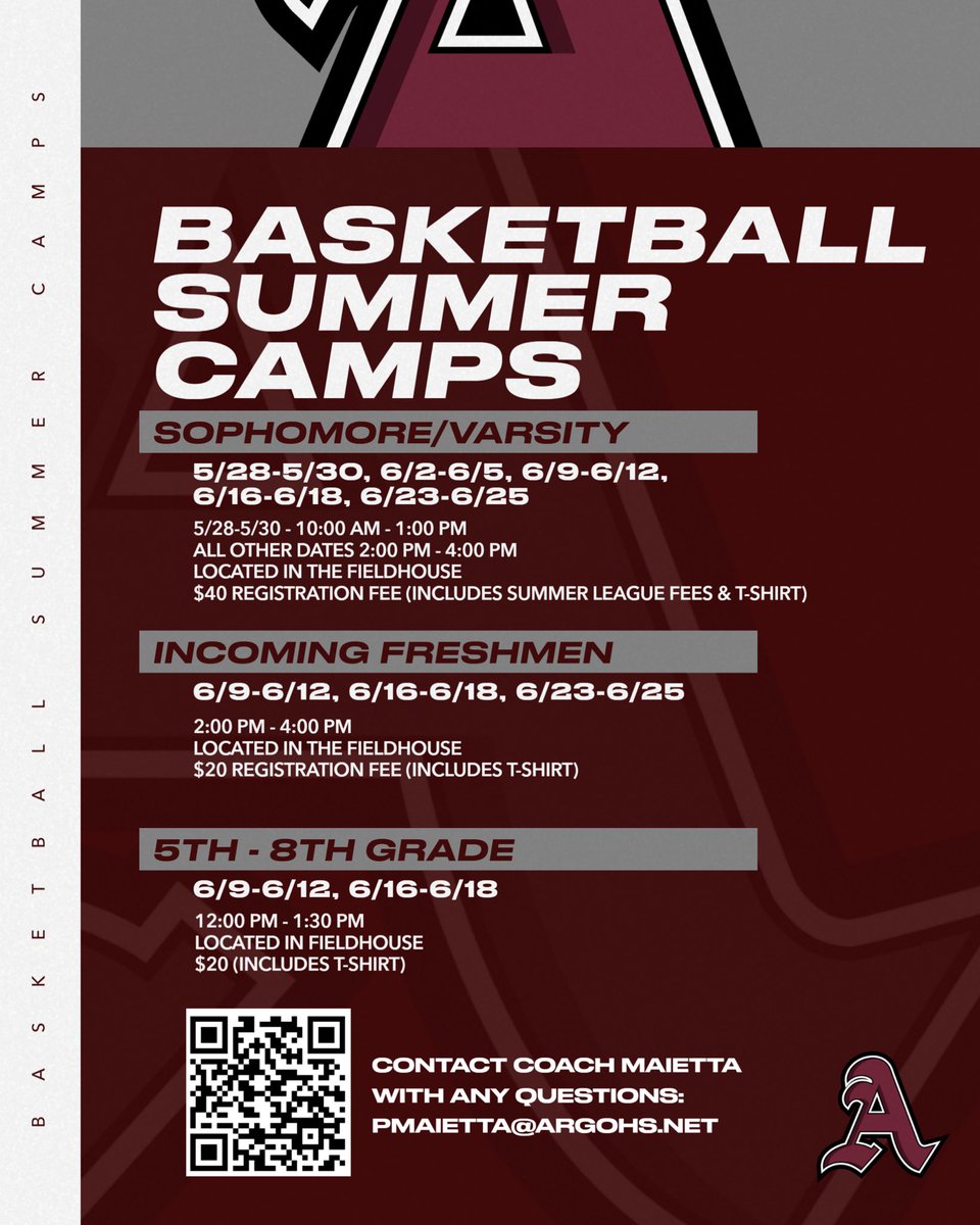 Current and future Argonaut basketball players, please see information about summer camp. Pick up a summer calendar in room 300 from Coach Maietta.