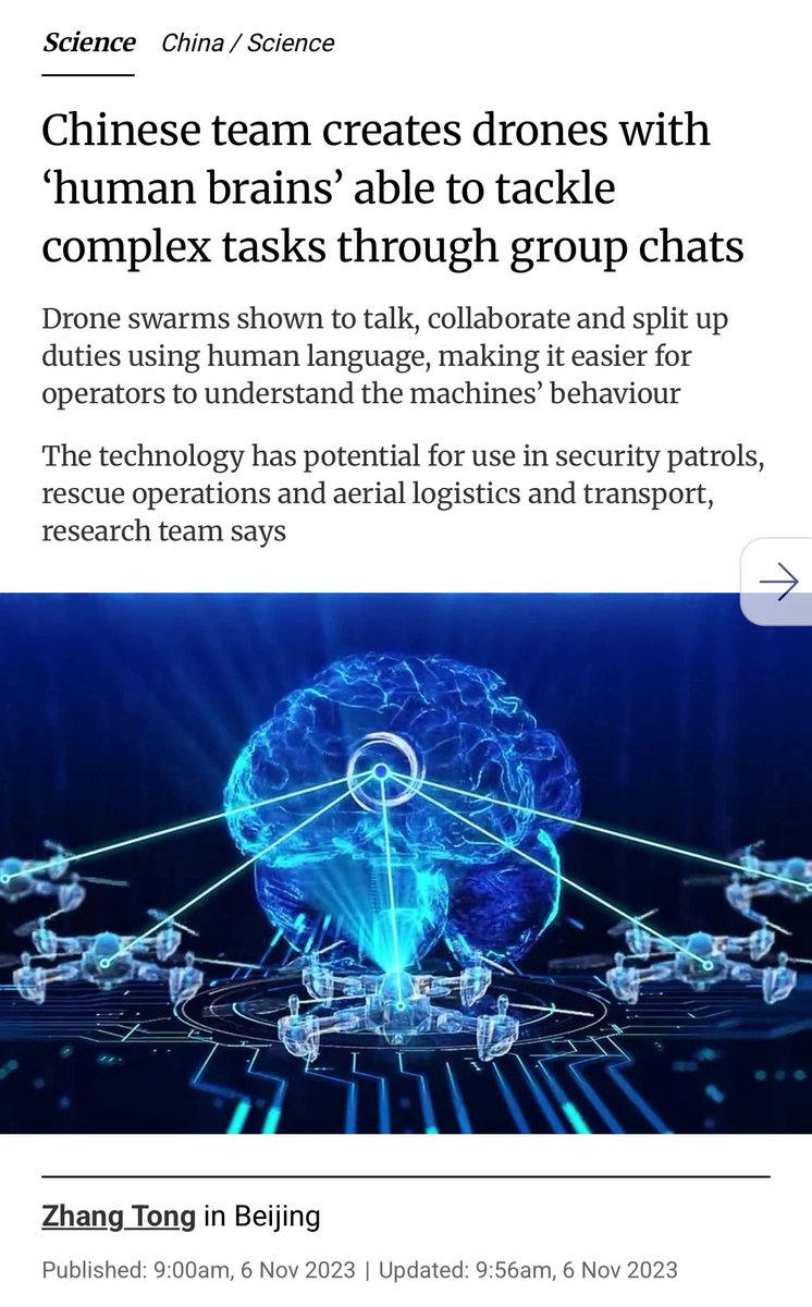 mcne73001's tweet image. Chinese team creates drones with ‘human brains’ able to tackle complex tasks through group chats
•Drone swarms shown to talk, collaborate and split up duties using human language, making it easier for operators to understand the machines’ behaviour
amp.scmp.com/news/china/sci…