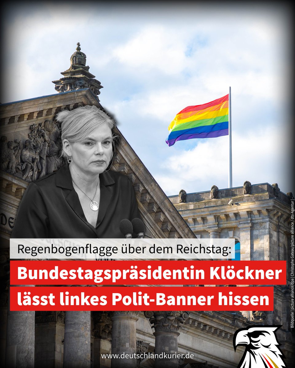 Regenbogenflagge über dem Reichstag:
Bundestagspräsidentin Klöckner lässt linkes Polit-Banner hissen

Bundestagspräsidentin Julia Klöckner (CDU) hat angeordnet, heute am Reichstagsgebäude die Regenbogenflagge hissen zu lassen. Offizieller Anlass ist, dass am 17. Mai 1990 die
