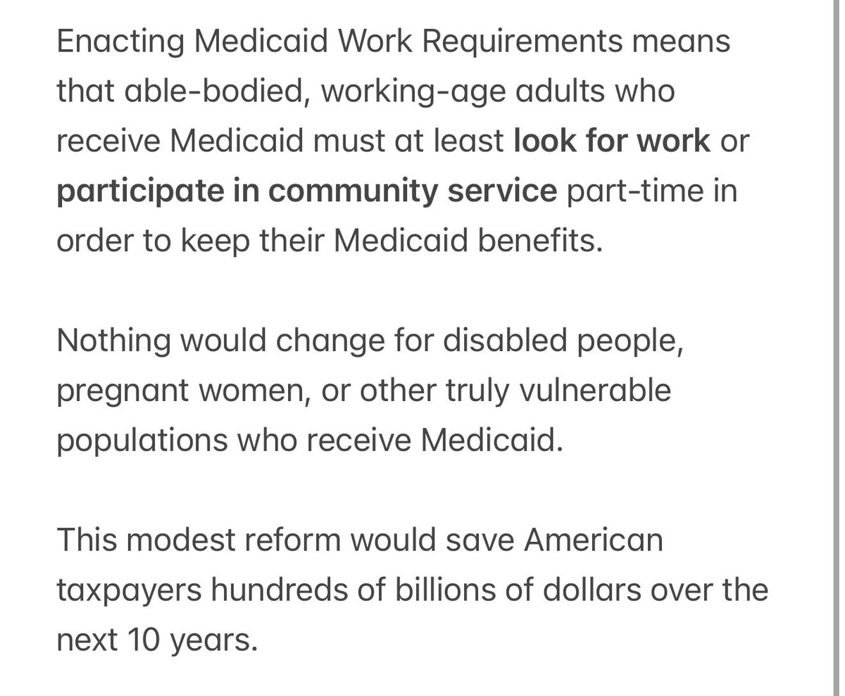 🚨 Republicans in Congress are working on a proposal to enact Work Requirements for Medicaid in the Big, Beautiful Bill. 

Democrats are lying about this proposal a lot.  

So what are Medicaid Work Requirements?  

Read below. 

Do you think this is unreasonable?