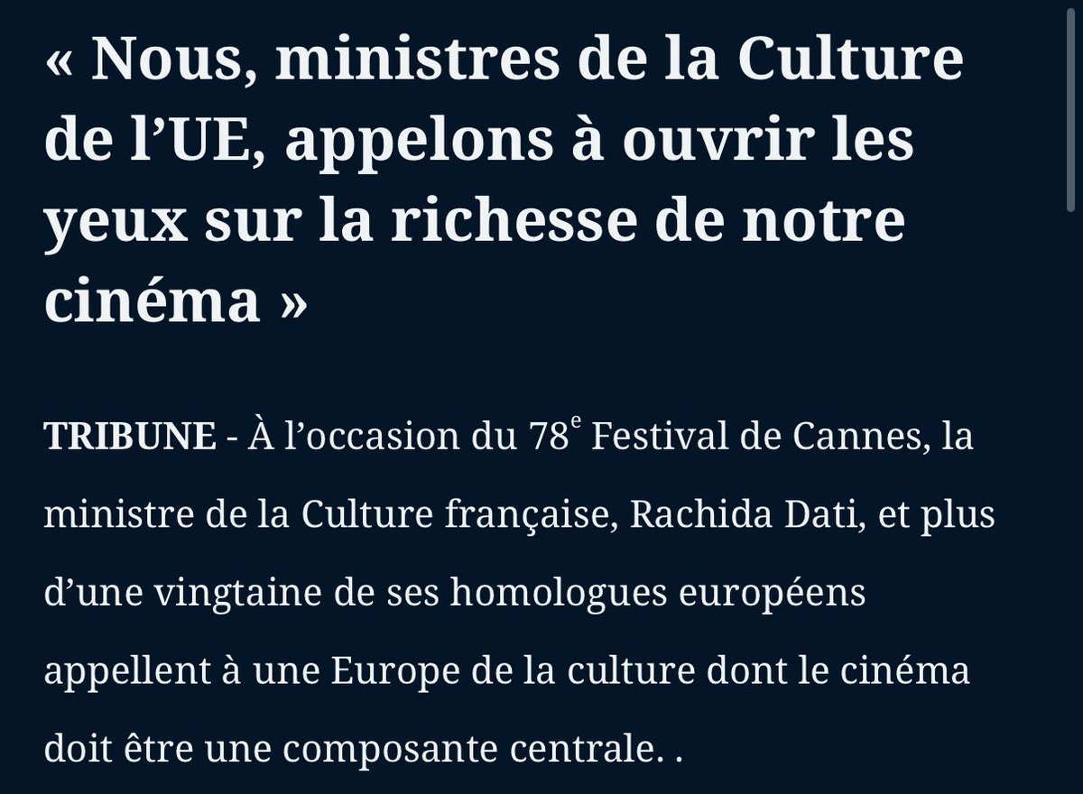 À l’occasion du #FestivaldeCannes2025, je lance avec 22 de mes homologues ministres de la Culture de l’UE un appel : nous devons défendre le cinéma européen face aux productions hollywoodiennes et asiatiques.

Le cinéma européen, riche de sa diversité et de ses talents, doit être
