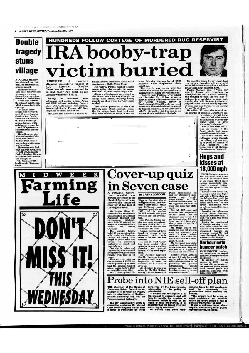 OnThisDayPIRA's tweet photo. #OnThisDay in 1991 the IRA murdered Douglas Carrothers, 51. Married father of 3. Timber yard worker/off duty RUC police reservist murdered by bomb planted under his car exploding after he`d driven home for lunch, Lisbellaw, Fermanagh. Recently moved home as security concerns #OTD https://t.co/vwqZTfiPrf