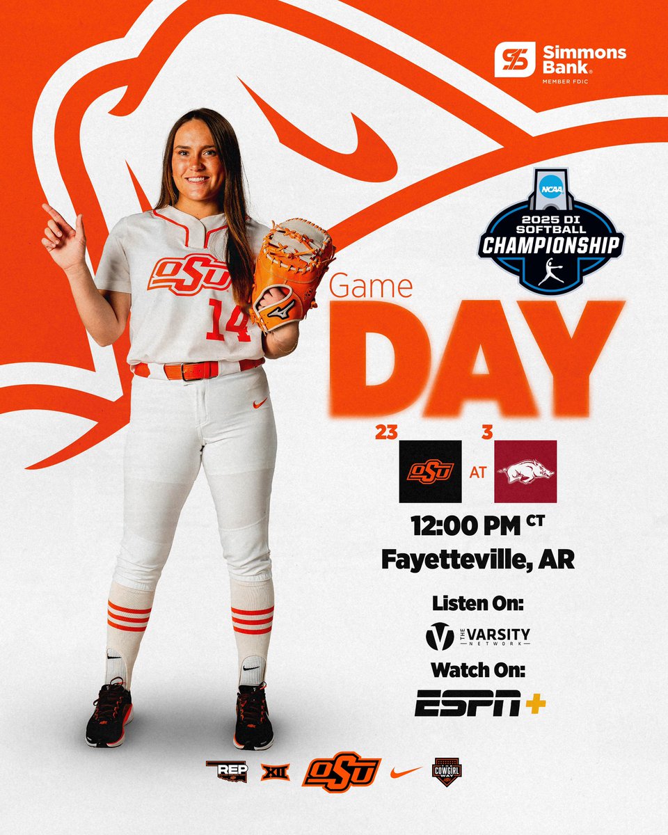 OSU Cowgirl Softball (@cowgirlsb) on Twitter photo For a trip to the Regional championship 🤠
🆚 No. 4/3 Arkansas
⏰ Noon CT
📍 Bogle Park
📻 KGFY 105.5 FM or okla.st/getvarsity
📊 okla.st/statbroadcast
📺 ESPN+
🎟️ okla.st/SBPostSznTix
#GoPokes | <a href="/simmons_bank/">Simmons Bank</a> For a trip to the Regional championship 🤠
🆚 No. 4/3 Arkansas
⏰ Noon CT
📍 Bogle Park
📻 KGFY 105.5 FM or okla.st/getvarsity
📊 okla.st/statbroadcast
📺 ESPN+
🎟️ okla.st/SBPostSznTix
#GoPokes | <a href="/simmons_bank/">Simmons Bank</a>