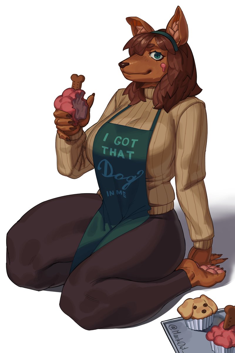Mark0ut_'s tweet image. Also another thing I made. I was thinking about sweets the other day so I thought about drawing a dog girl baking cupcakes. Strange how the mind works. Hopefully my creative juices can go back to thinking about cool fight scenes and all that #art #digitalart #furry #furryartworks