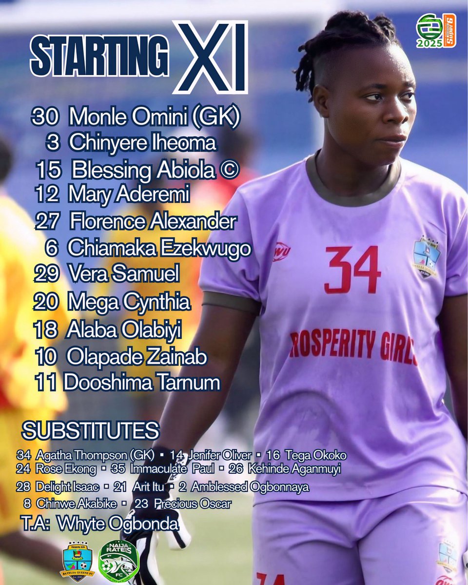 Starting XI
The Prosperity Girls are set for our final Super 6 clash vs Naija Ratels.
Kickoff: 3PM | Ikenne

#BayelsaQueens #NWFL25 #NWFLPremiershipSuper6 #WomenFootballRising