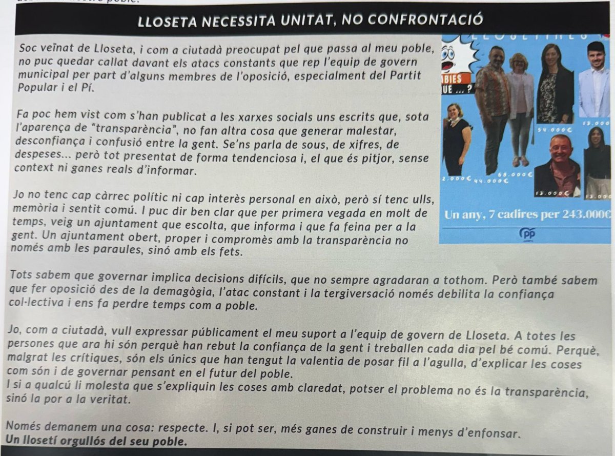 Estam contents que hi hagi persones que vegin la feina que feim a l’Ajuntament i que, a més, ho diguin públicament. 
Nosaltres treballam pel bé del poble i no entenem a la gent que només cerca la confrontació.
Compartim l’escrit d’un ciutadà anònim. 👇🏻