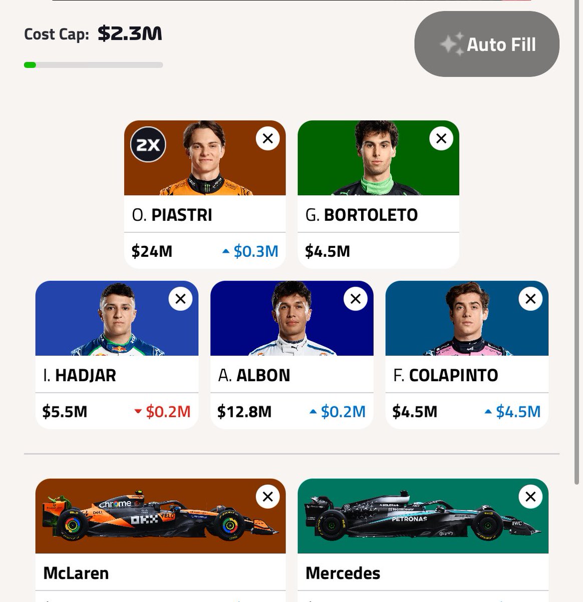 Team locked. 

-10. 

Good luck all

#F1Fantasy #F1