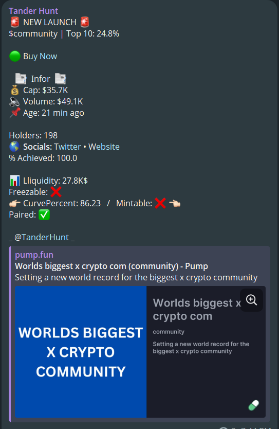 TanderhuntCall's tweet photo. 🚀 Holding #COMMUNITY was the right move — X45.1 gains!
📈 Called at 35.7K → Now 1.6M
ATH after call: 1.9M 💥
Sometimes patience pays best during #memeseason!

7s6TBuZmLfvyqPh8MTJqQSeyxgF6P62QFNn237Lmpump
TF: $BULL $XET $LAUNCH $KEKIUS https://t.co/TA4Kf6KzIk