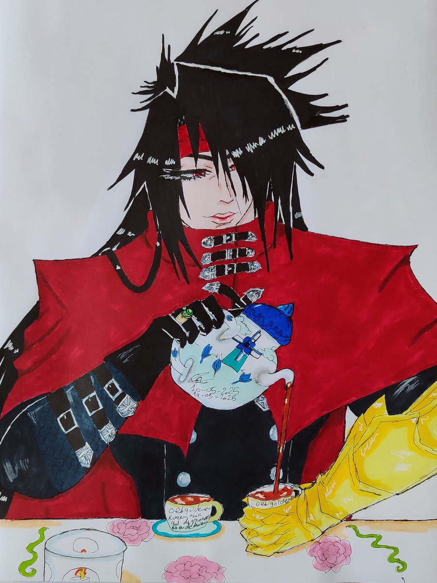 Yazzyrothart's tweet photo. Have a drawing I worked on of Vincent pouring himself and Dara some tea after they've been able to take it slow for the day.

#TeaAndCoffins 
#VincentValentine
#FF7. #DirgeOfCerberus #FFVIIRebirth 
Art made by me ©C.Arends / Yazzyrothart https://t.co/ATNr2pnbTf