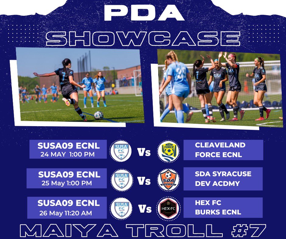 MaiyaTroll2027 (@maiyatroll2027) on Twitter photo Here’s our lineup of games for the PDA SHOWCASE May 24-26!!
Hope to catch some college coaches watching!!
LETS GOOOOOO!!
<a href="/KenMasuhr_Jr/">Ken Masuhr</a> <a href="/CanesFutbol/">Miami Hurricanes Soccer</a> <a href="/CoachEddieCU/">Eddie Radwanski</a> <a href="/GatorsSoccer/">Gators Soccer</a> <a href="/sambbohon/">Samantha Bohon</a> <a href="/TerpsWSoccer/">Maryland W. Soccer</a> <a href="/AuburnSoccer/">Auburn Soccer</a> <a href="/USFWSOC/">USF Women's Soccer</a> <a href="/FAUWSoccer/">Florida Atlantic Women's Soccer</a> <a href="/OspreyWSOC/">UNF Women’s Soccer</a> <a href="/UKWomensSoccer/">Kentucky Women's Soccer</a> <a href="/univmiami/">University of Miami</a> Here’s our lineup of games for the PDA SHOWCASE May 24-26!!
Hope to catch some college coaches watching!!
LETS GOOOOOO!!
<a href="/KenMasuhr_Jr/">Ken Masuhr</a> <a href="/CanesFutbol/">Miami Hurricanes Soccer</a> <a href="/CoachEddieCU/">Eddie Radwanski</a> <a href="/GatorsSoccer/">Gators Soccer</a> <a href="/sambbohon/">Samantha Bohon</a> <a href="/TerpsWSoccer/">Maryland W. Soccer</a> <a href="/AuburnSoccer/">Auburn Soccer</a> <a href="/USFWSOC/">USF Women's Soccer</a> <a href="/FAUWSoccer/">Florida Atlantic Women's Soccer</a> <a href="/OspreyWSOC/">UNF Women’s Soccer</a> <a href="/UKWomensSoccer/">Kentucky Women's Soccer</a> <a href="/univmiami/">University of Miami</a>