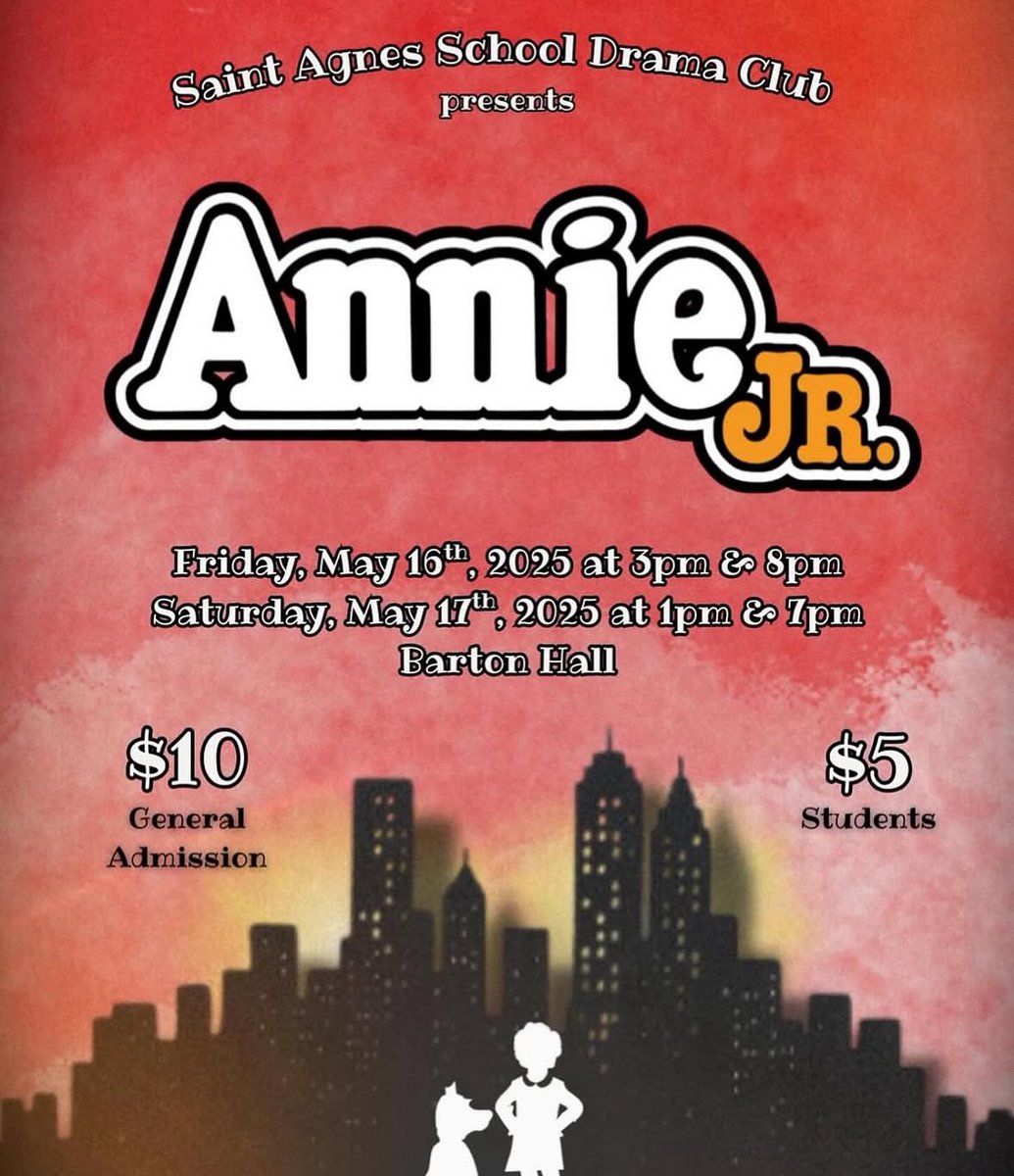 🎶TODAY🎶 Join us TODAY for 2 more chances to see SAS Drama Club’s “Annie Jr.” in Barton Hall! 1pm &amp; 7pm 🎉

*Parents must accompany each student* 

#WeAreSAS #FaithAcademicsCommunity #DramaClub #AnnieJr #OneCommunityOneSchool 
#CatholicSchool #ArlingtonMA #WalkHumblyWithGod