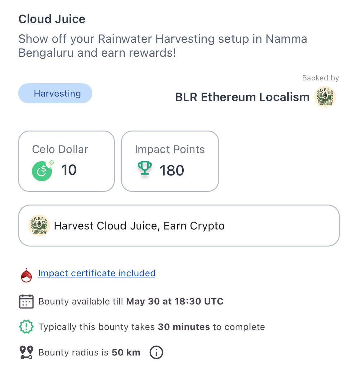 Harvest rainwater 🌧️ earn crypto 🤑

3 lucky winners in Bengaluru city can make $10 <a href="/Celo/">Celo.eth/acc 🦇 🌳</a> each for just proving you harvest rainwater. 

How? 
Upload proof on <a href="/Atlantis_p2p/">Atlantis 🔱</a> impact miner

🙌🏾 Shoutout to <a href="/BlrEthLocalism/">Bangalore Ethereum Localism</a> for sponsoring this! Link to bounty 👇