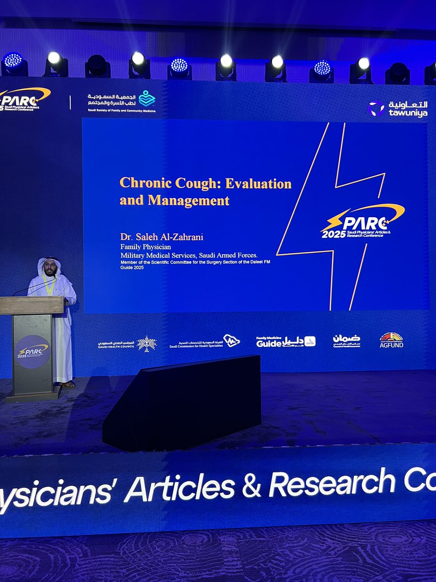 Grateful to Dr. Saleh Al Zahrani for tackling “chronic cough”with clarity and precision👏🏻🌟.

It’s one of those symptoms we see daily, yet his approach brought fresh perspective and practical steps we will carry straight into clinic🏥.

#SPARC2025 ⚡️