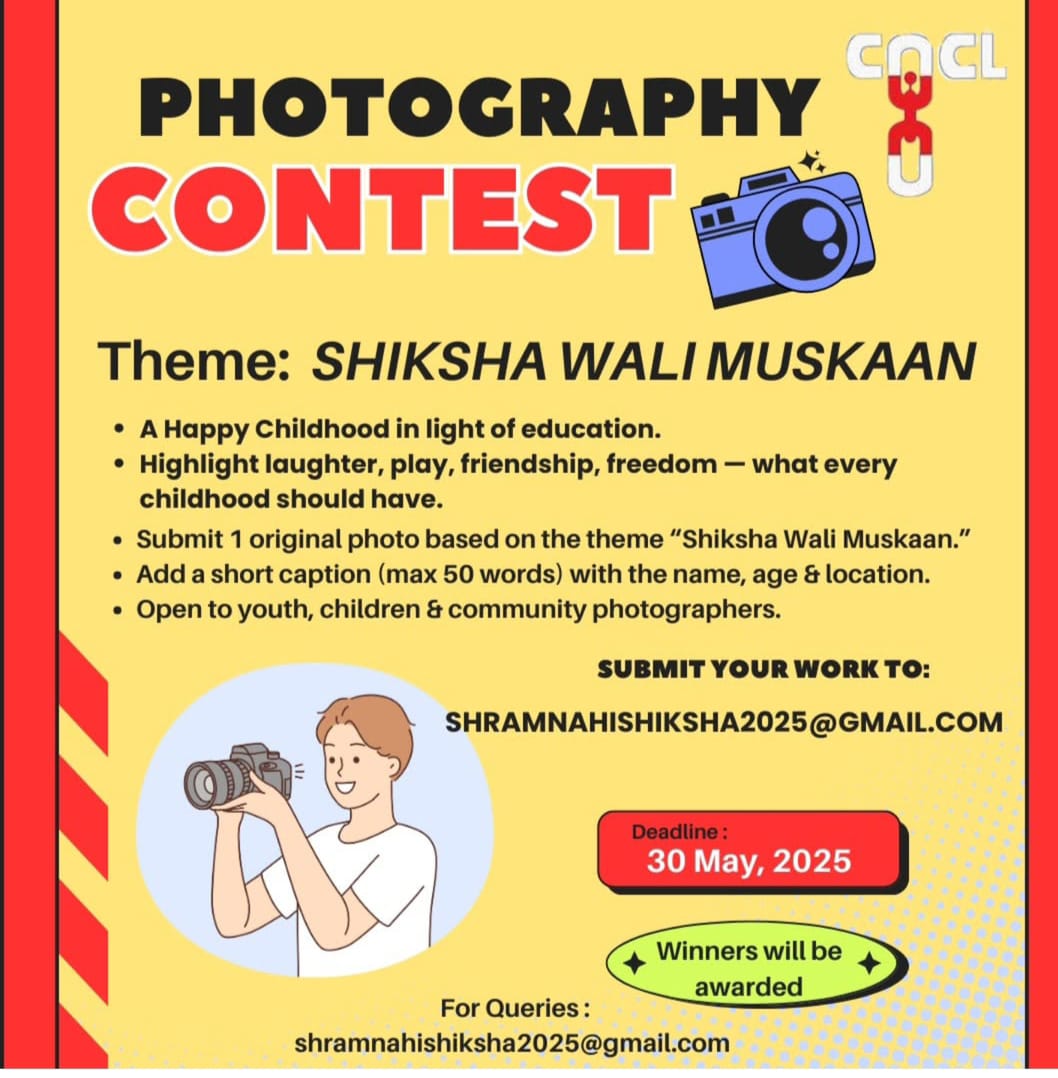 AVBaligaTrust's tweet photo. 📸✨ Join the #ShramNahiShiksha photography contest!
Theme: Shiksha Wali Muskaan — capture joyful moments of education.
Open to all.
Submit by 30 May 2025 to shramnahishiksha2025@gmail.com with a caption, name, age &amp; location.
Exciting prizes await! https://t.co/90j0dw5U24
