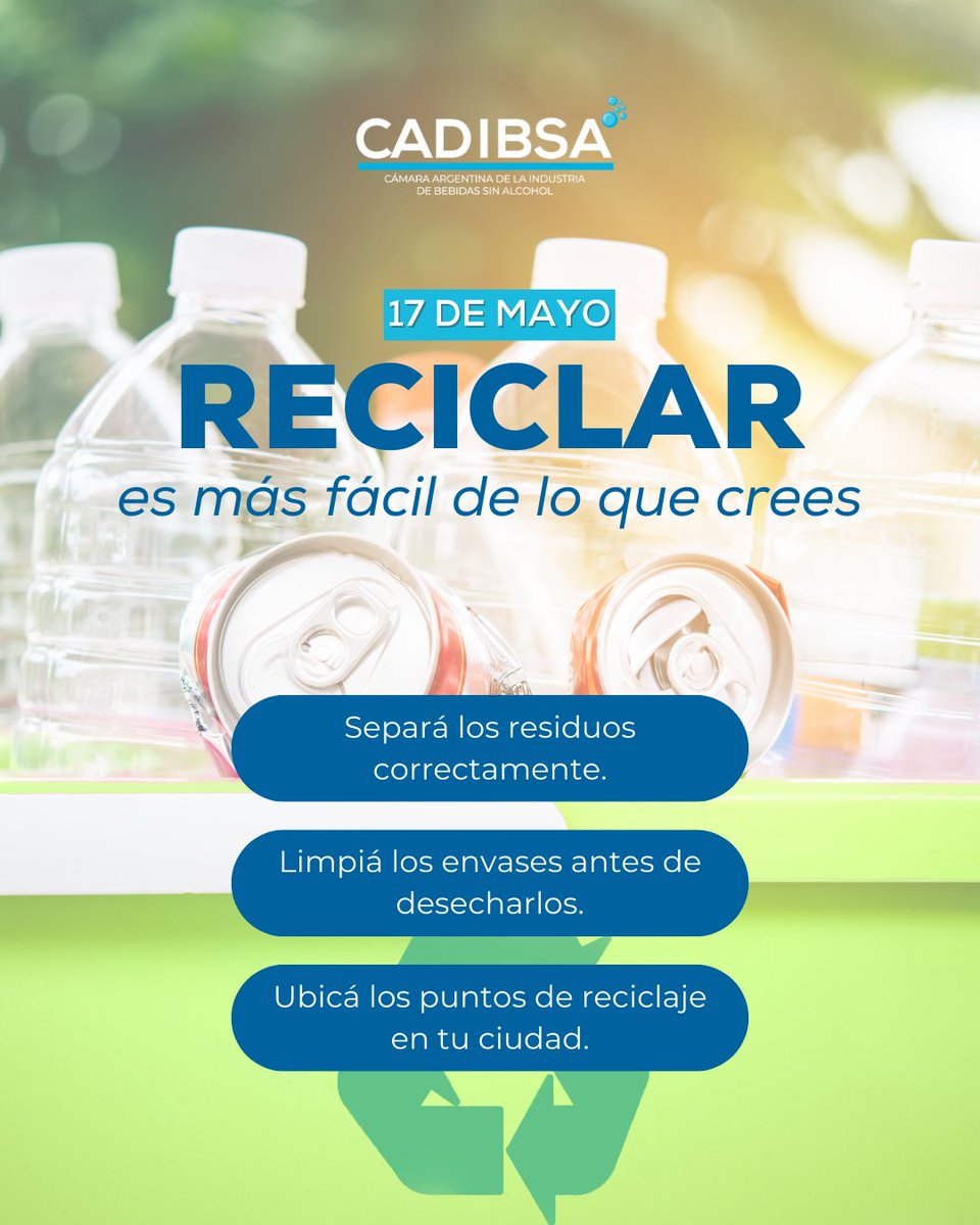Cadibsa's tweet photo. Hoy es el #DíadelReciclaje ♻, establecido por la @UNESCO 

En Argentina, todos los envases que produce y utiliza la industria de bebidas sin alcohol son reciclables, por eso, es fundamental separarlos🏡 y llevarlos a un contenedor verde o punto verde. 

 #CADIBSA  #Ambiente https://t.co/xTYcdPvzSU