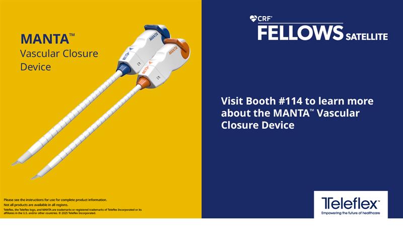 TeleflexCardiol's tweet image. Day 3 at #Fellows2025 is underway!

Visit booth #114 to learn more about the MANTA™ Vascular Closure Device. 

Discover more at: irc.teleflex.com/manta/

Rx Only. Indications, Safety and Warnings: irc.teleflex.com/manta/#safetyi…
 #Teleflex #TeleflexInterventional #MANTA #StructuralHeart