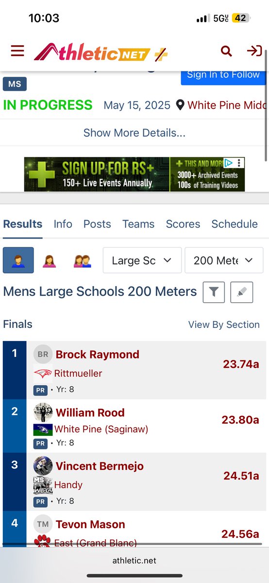 Just hit 2 new middle school PRs. Along with being the fastest 8th grade 400m runner in the state of Michigan! <a href="/newbalance/">New Balance</a> <a href="/UGATrack/">Georgia Track + Field</a> <a href="/Vol_Track/">Tennessee Track & Field/XC</a> <a href="/newbalance/">New Balance</a> <a href="/UMichTrack/">Michigan Track & Field / Cross Country</a> <a href="/MSU_TFXC/">MSU Track & Field/Cross Country</a> <a href="/CMUtrack/">CMU T&F/XC</a> <a href="/TexasTFXC/">Texas T&F/XC</a> <a href="/AlabamaTrack/">Alabama Track & Field</a> <a href="/BamaCoachWiley/">Coach Blaine Wiley</a>