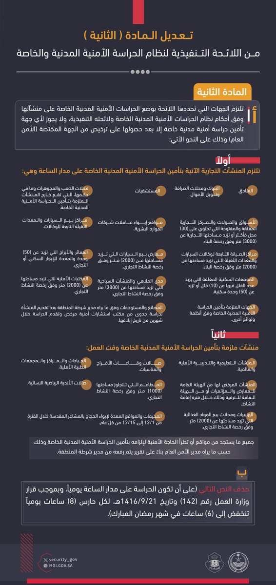 تعديل المادة الثانية من اللائحة التنفيذية لنظام الحراسة الأمنية المدنية والخاصة.