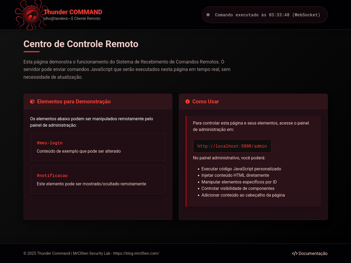 MrCl0wnLab's tweet photo. Thunder Command
Um projeto para comunicação bidirecional entre servidor e  target, permitindo que operadores executem comandos JavaScript e  manipulem páginas web em tempo real.
- https://t.co/f4LosYzOCa

#hacking #CyberSecurity #redteam #python #flask #brasil #code https://t.co/P39Yk8TcJp
