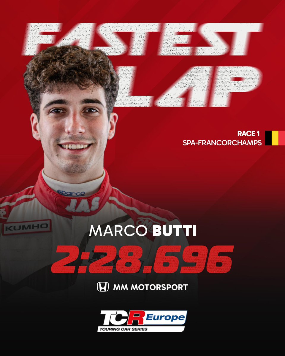 tcr_europe's tweet image. FLYING BUTTI ✈️

After claiming his maiden win in Race 1, Marco Butti wasn’t done yet — the MM Motorsport driver also set the fastest lap at Spa-Francorchamps with a stunning 2:28.696!

Speed, precision, domination.

#TCREurope #FastestLap #MarcoButti #SpaFrancorchamps