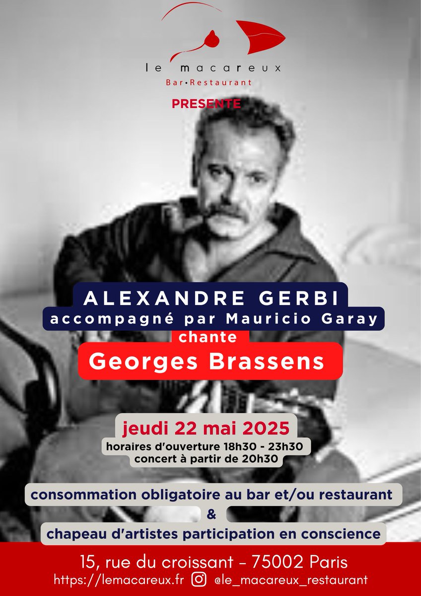 Le jeudi 22 mai à 20h30, au Macareux (à Paris, métro Sentier), je chanterai l'immortel Brassens accompagné de mon ami Mauricio Garay à la guitare 🙂