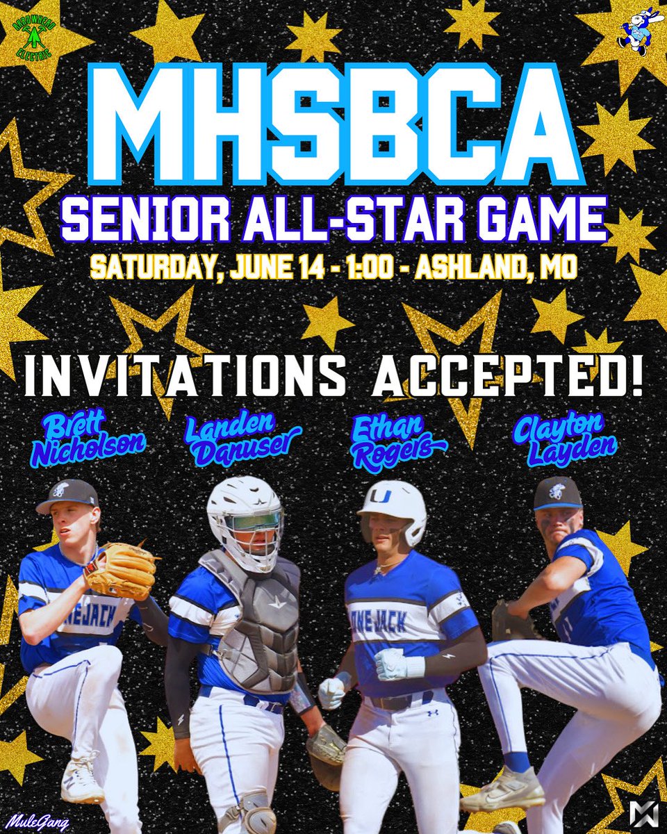 It is our pleasure to announce that Brett Nicholson, Landen Danuser, Ethan Rogers, and Clayton Layden have all been selected and accepted invitations to play in the MHSBCA All-Star Game in June! #MuleGang