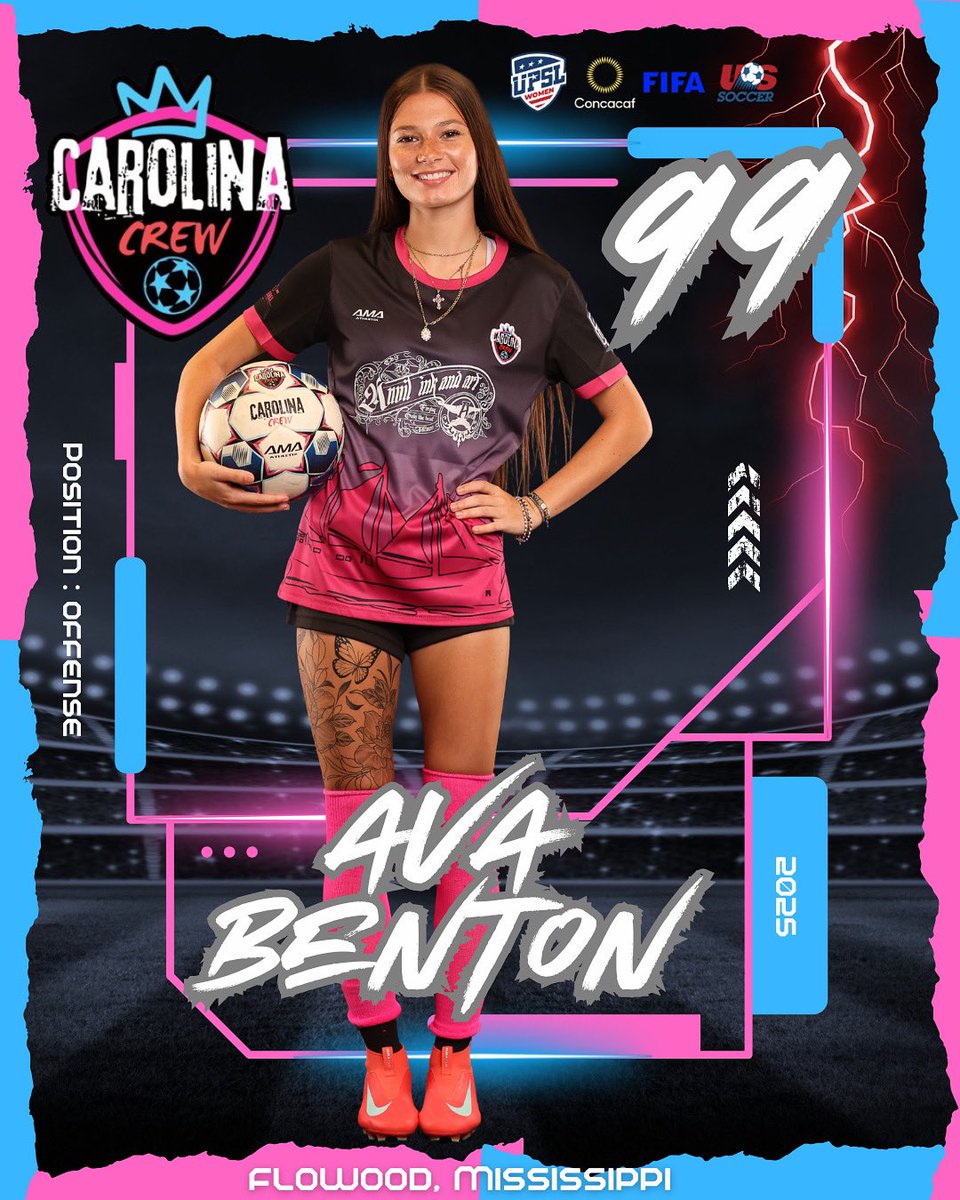 📝 OFFICIAL PLAYER AGREEMENT
Carolina Crew FC x Ava Benton (#99)
🚨 SIGNED &amp; READY TO FLY DOWN THE FLANKS! 🚨
We’re thrilled to welcome Ava Benton to Carolina Crew FC, where she’ll be suiting up in blue, black, and pink as our explosive new winger for the upcoming UPSL season!