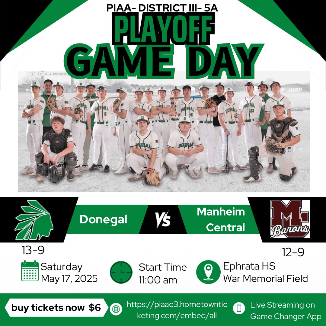 ⚾️GAME DAY
📍EPHRATA HS
⏰11:00 AM
🚗 Come out and cheer on your Donegal Indians!! They need your support! 
🎟️ Admission $6 online only! Tickets purchased for Friday, May 16th will be honored.  
piaad3.hometownticketing.com/embed/all
<a href="/godonegalsports/">Donegal Athletics</a> #donegalbaseball #prideinthetribe