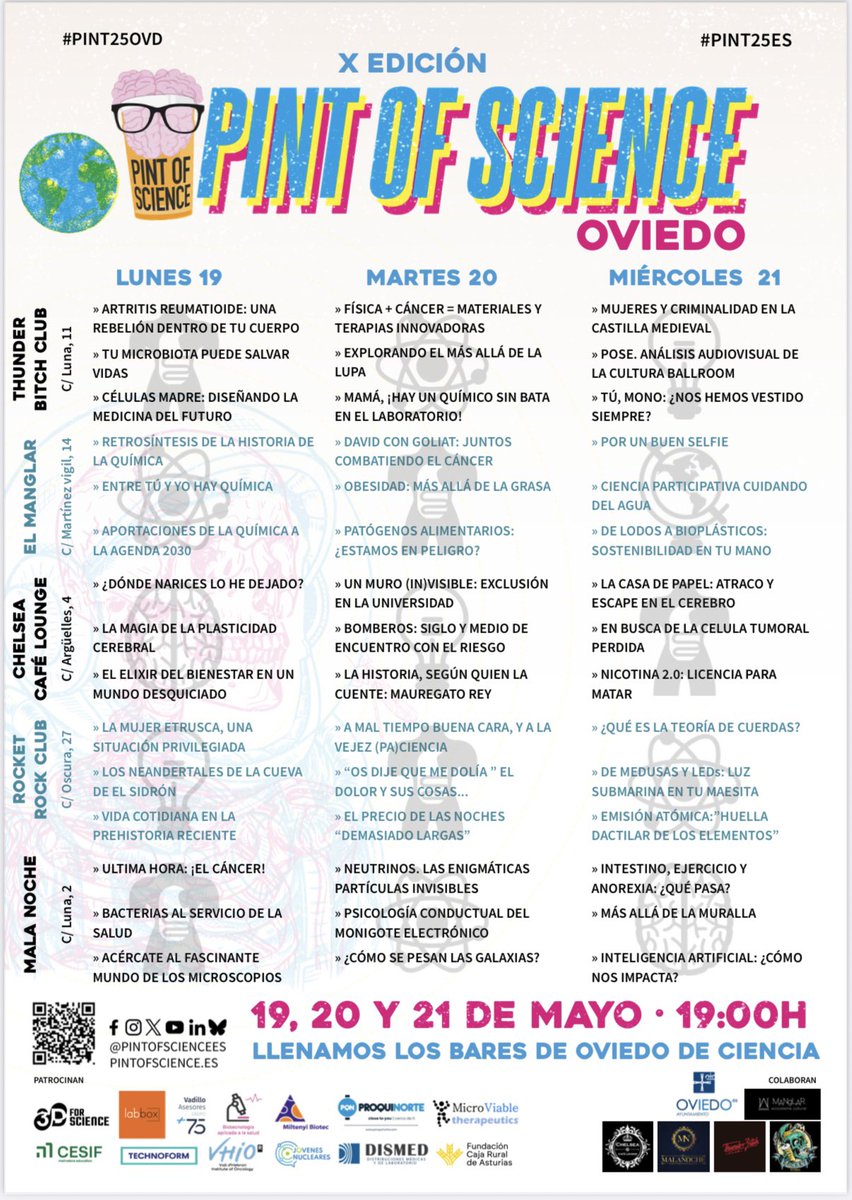 Esterp_m's tweet photo. ¡19, 20 y 21 de mayo llenamos 5 bares de Oviedo de Ciencia! 🧬 🧪 Agradecemos enormemente nuestros patrocinadores sin los que estos eventos de presentación y parte del evento #Pint25OVD no sería posible #FCRA #MicroviableTherapeutics #Proquinorte #Dismed @pintofscienceES https://t.co/Ppp09IhY9L