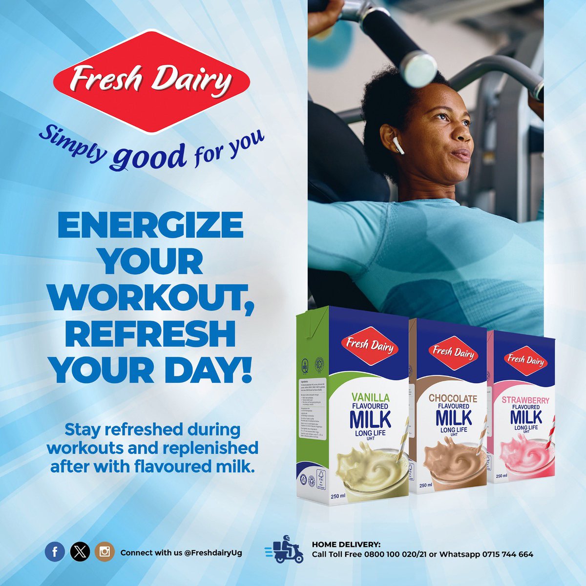 #weekendvibes - Energize your workout sessions by rejuvenating with -#FreshDairy’s flavoured milk.

📍Comes in 3 flavours - strawberry, vanilla &amp;chocolate, available countrywide at a store closest to you.

📲For orders, call 0800 100 020/21 or WhatsApp 0715 744 664