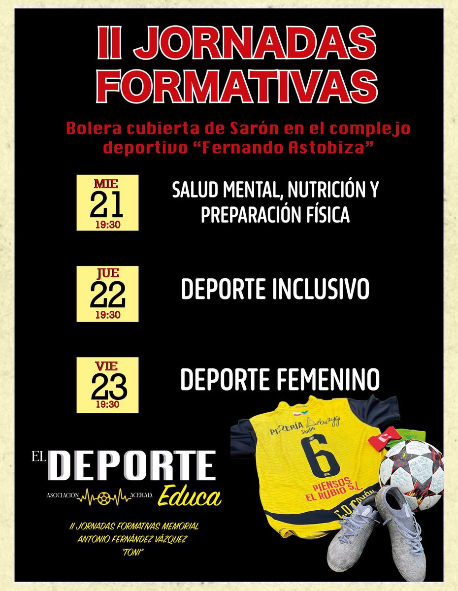 ¡HOLA EQUPO!

Por fin podemos presentaros nuestro programa. Estamos ansiosos de que llegue el día y juntos, disfrutemos de unas II Jornadas inigualables. 

¡Os esperamos! 

📅: 21, 22 y 23 de mayo
📍: Bolera de Sarón (Complejo Fernando Astobiza)
⌚️: 19:30h