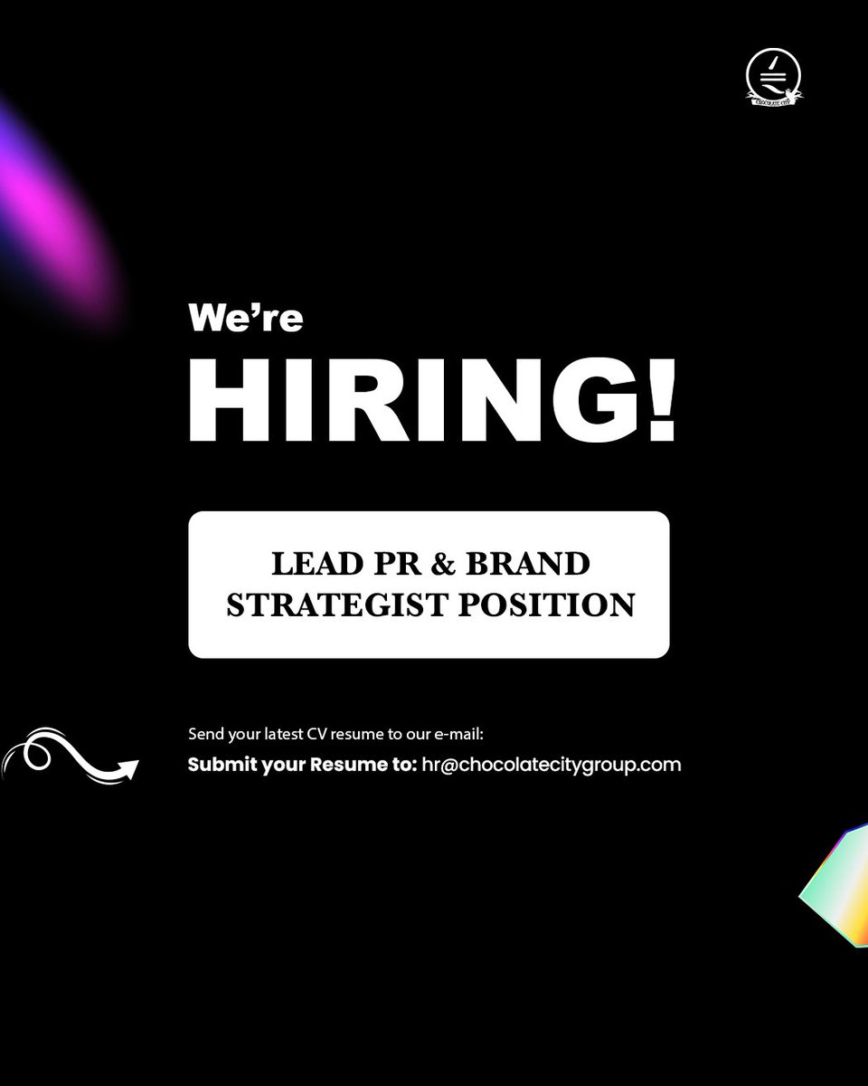 choccitymusic's tweet photo. Become a cityzen by joining the team as a 
Lead PR &amp; Brand Strategist. 

Send your CV to hr@chocolatecitygroup.com 📩🤎 https://t.co/BT5R39G43m