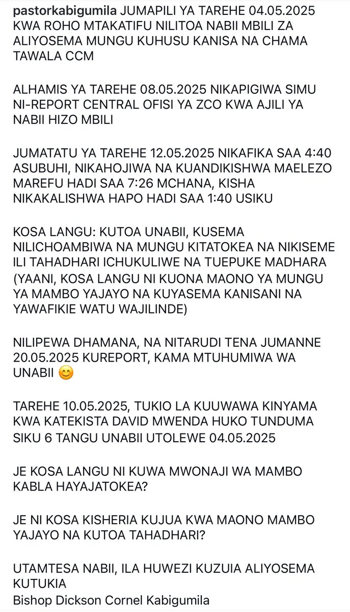 Maria Sarungi Tsehai (@mariastsehai) on Twitter photo ‼️🚨ANOTHER PASTOR INTIMIDATED BY POLISI FOR HIS PREDICTIONS ‼️🚨
<a href="/SuluhuSamia/">Samia Suluhu</a> and her rogue regime now are so panicked that they intimidate and harm religious leaders for telling their congregations about visions, premonitions and predicitons
Madness!
Kumbe Pastor Kabigumila ‼️🚨ANOTHER PASTOR INTIMIDATED BY POLISI FOR HIS PREDICTIONS ‼️🚨
<a href="/SuluhuSamia/">Samia Suluhu</a> and her rogue regime now are so panicked that they intimidate and harm religious leaders for telling their congregations about visions, premonitions and predicitons
Madness!
Kumbe Pastor Kabigumila