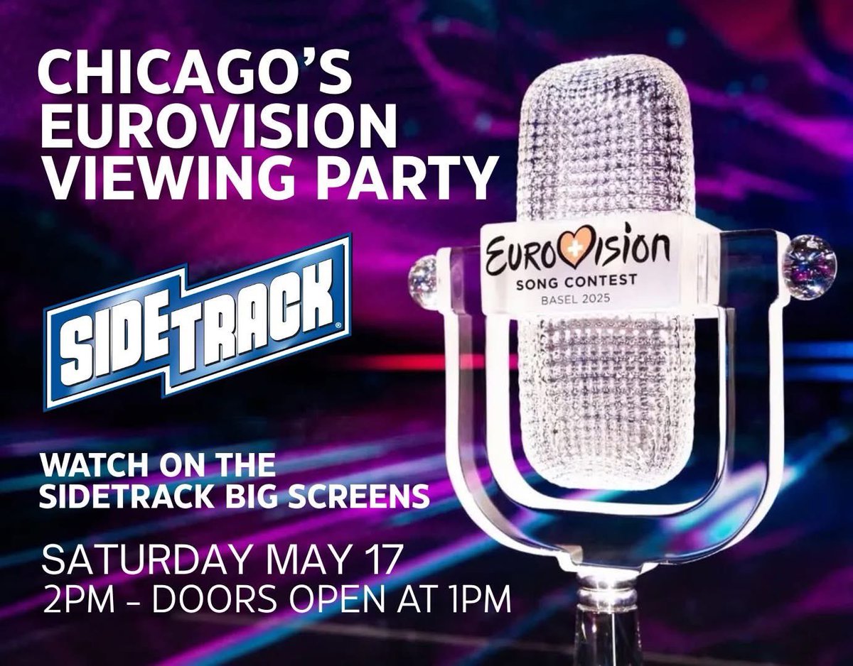Sidetrack Chicago (@sidetrackbar) on Twitter photo TODAY! Watch <a href="/Eurovision/">Eurovision Song Contest</a> 2025 at Sidetrack Chicago on the BIG Screens! #Eurovision #Chicago TODAY! Watch <a href="/Eurovision/">Eurovision Song Contest</a> 2025 at Sidetrack Chicago on the BIG Screens! #Eurovision #Chicago